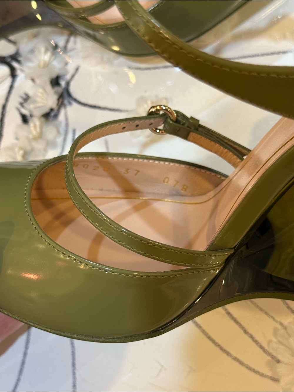 Gucci Olive Patent Leather Double-Strap Wedge Pumps - Picture 11 of 13